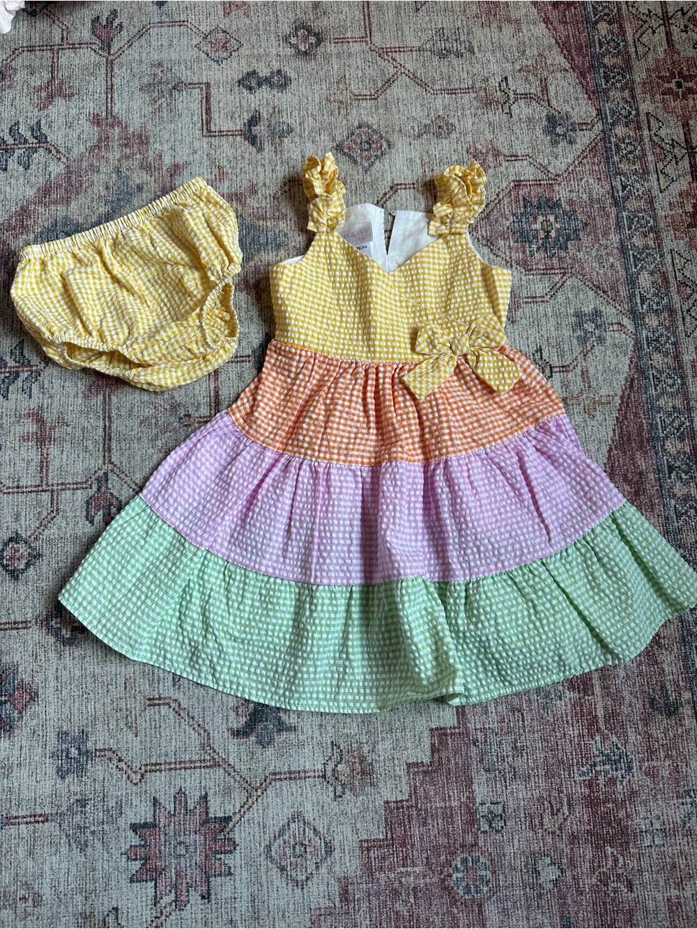 Iris & Ivy Multicolor Tiered Seersucker Dress with Bloomers (24M)